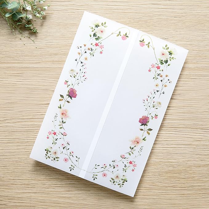 PONATIA 50PCS Vellum Jackets for 5x7 Invitation Cards- 135GSM Wild Flowers Printed Vellum Sleeves, Quinceanera Wedding Invitation Cards Wraps, Transparent Christmas Gift Cards Jackets