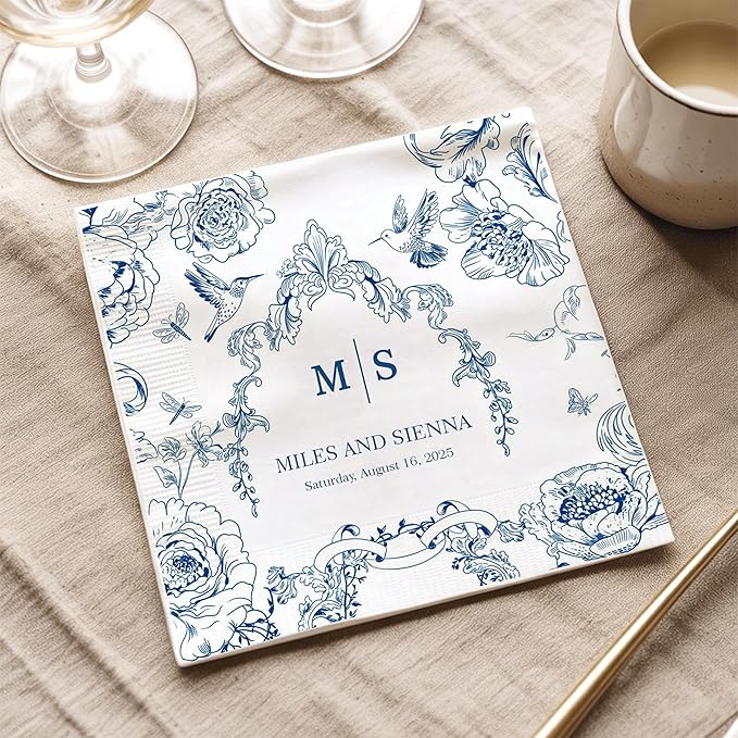 Custom Wedding Cocktail Napkins, Blue Floral Cocktail Napkins, Personalized Paper Napkin for Wedding Reception, Blue and White Flower Paper for Bridal, Engagement Party, Bridal Shower