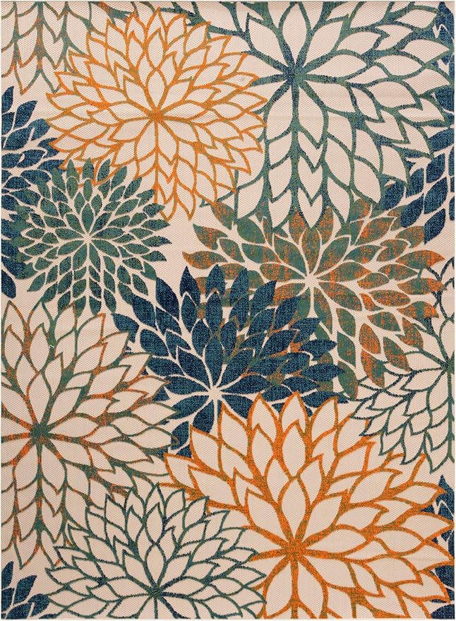 Nourison Home Aloha Indoor/Outdoor Blue Green 9' x 12' Area Rug, Easy Cleaning, Non Shedding, Bed Room, Living Room, Dining Room, Backyard, Deck, Patio (9x12)