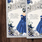 50Pcs Navy Blue Crown Invitations for Quinceanera, 15 year, Sweet 16, Miss XV, Birthday Laser Cut Quince Invitation Cards Personalized Glitter Silver