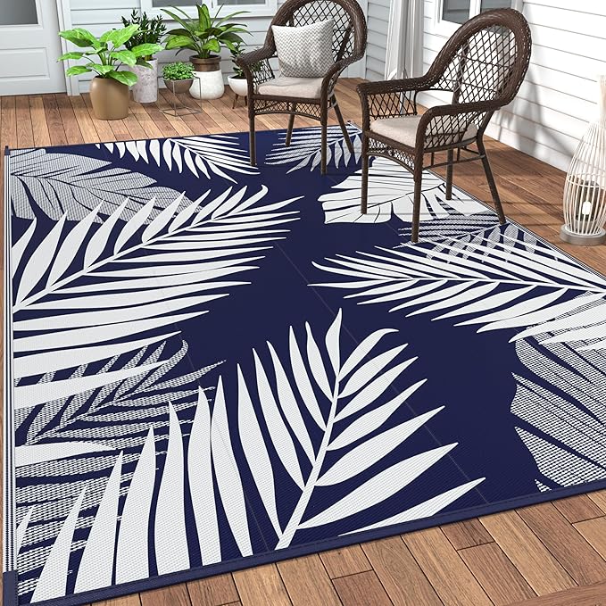 GENIMO Outdoor Rug 8' x 10' Waterproof for Patios Clearance, Reversible Outdoor Plastic Straw Camping Rug Carpet, Large Area Rugs Mats for RV, Camper, Deck, Balcony, Porch, Beach, Navy Blue&White
