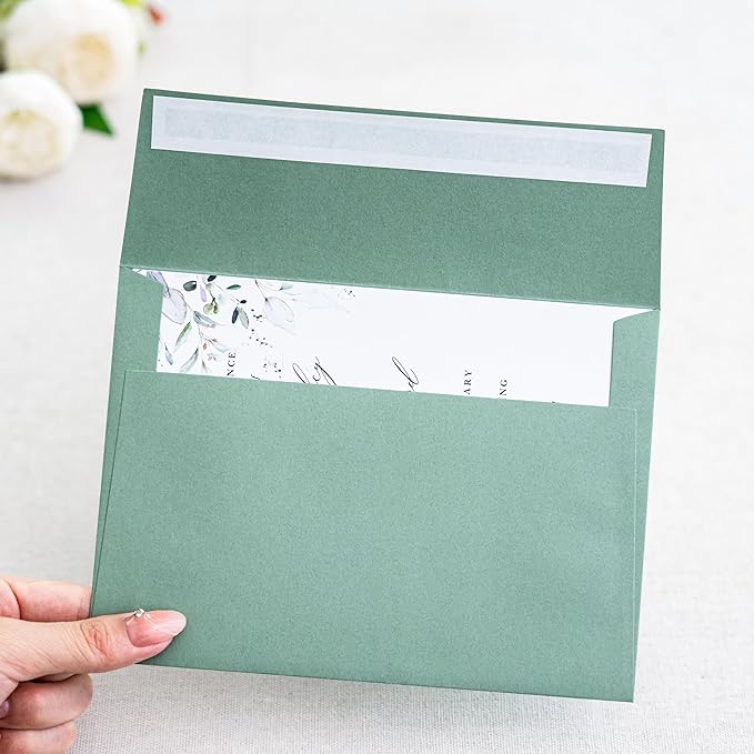PONATIA 50 Pieces 5x7 Envelopes, Sage Green A7 Envelopes Self Seal for Weddings, Invitation Cards, Photos, Postcards, Greeting Cards Mailing, Baby Shower, Graduation, Christmas Gift Cards