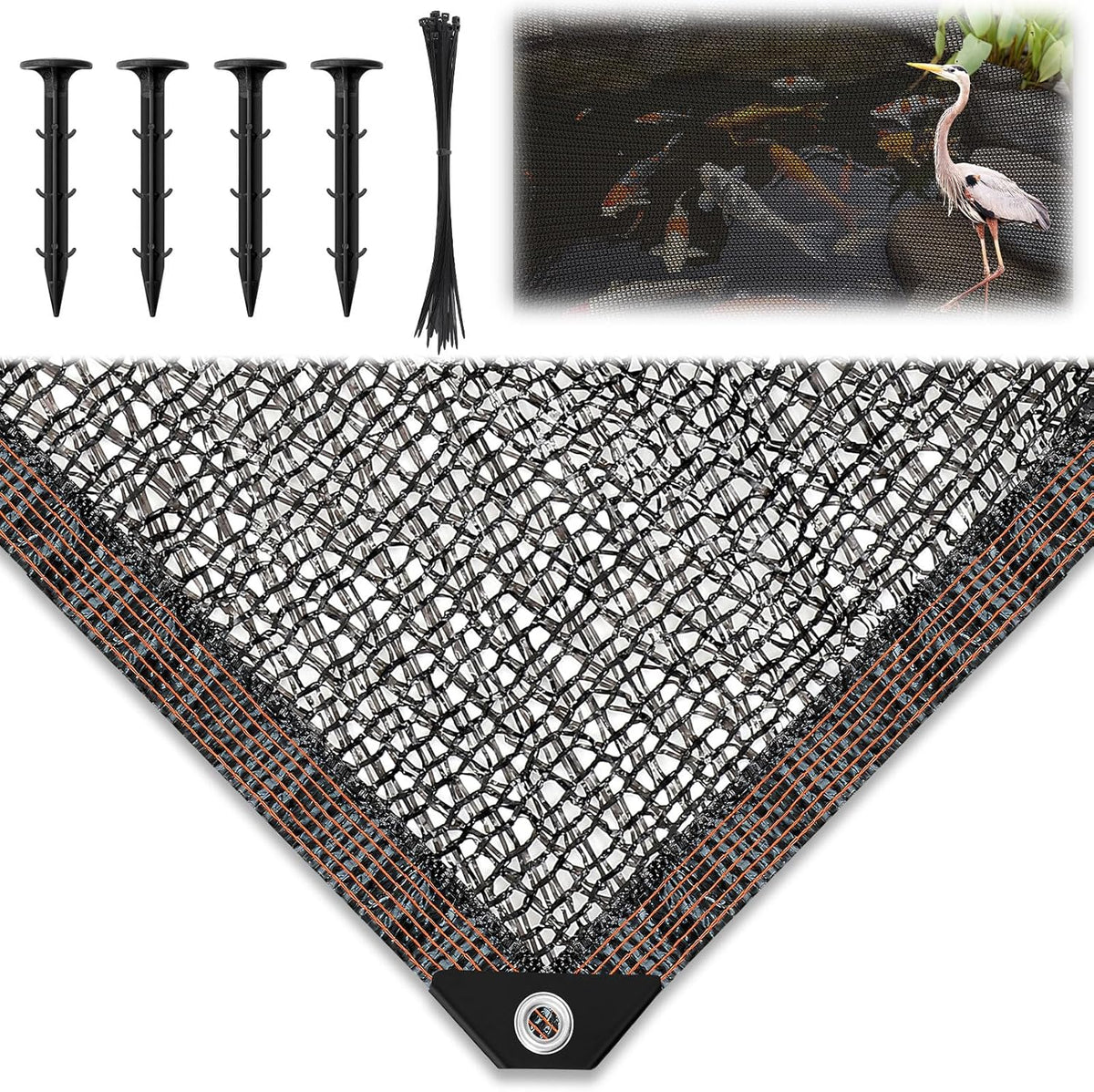 Koi Pond Netting Kit 12 x 30ft, Heavy-Duty Pe, Bird Deer Fence Netting, Durable Net Cover for Leaves, Protect Fish from Blue Heron Bird, Cats & Predators, Stakes & Ties Included