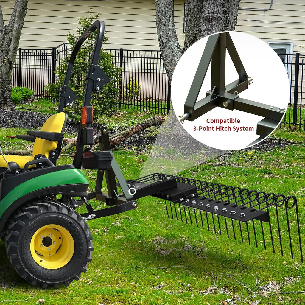 5FT Durable Pine Straw Rake Steel Spring Landscape Rake Fits 2" Receiver for Lawn Tractors or ATV/UTV，Black