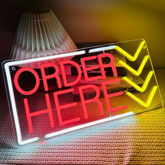 Order Here Neon Sign Red Light Up Order Here Sign for Store Supermarket LED Lights Order Decor Neon Lights Sign for Business Bar Shop Wall Decor