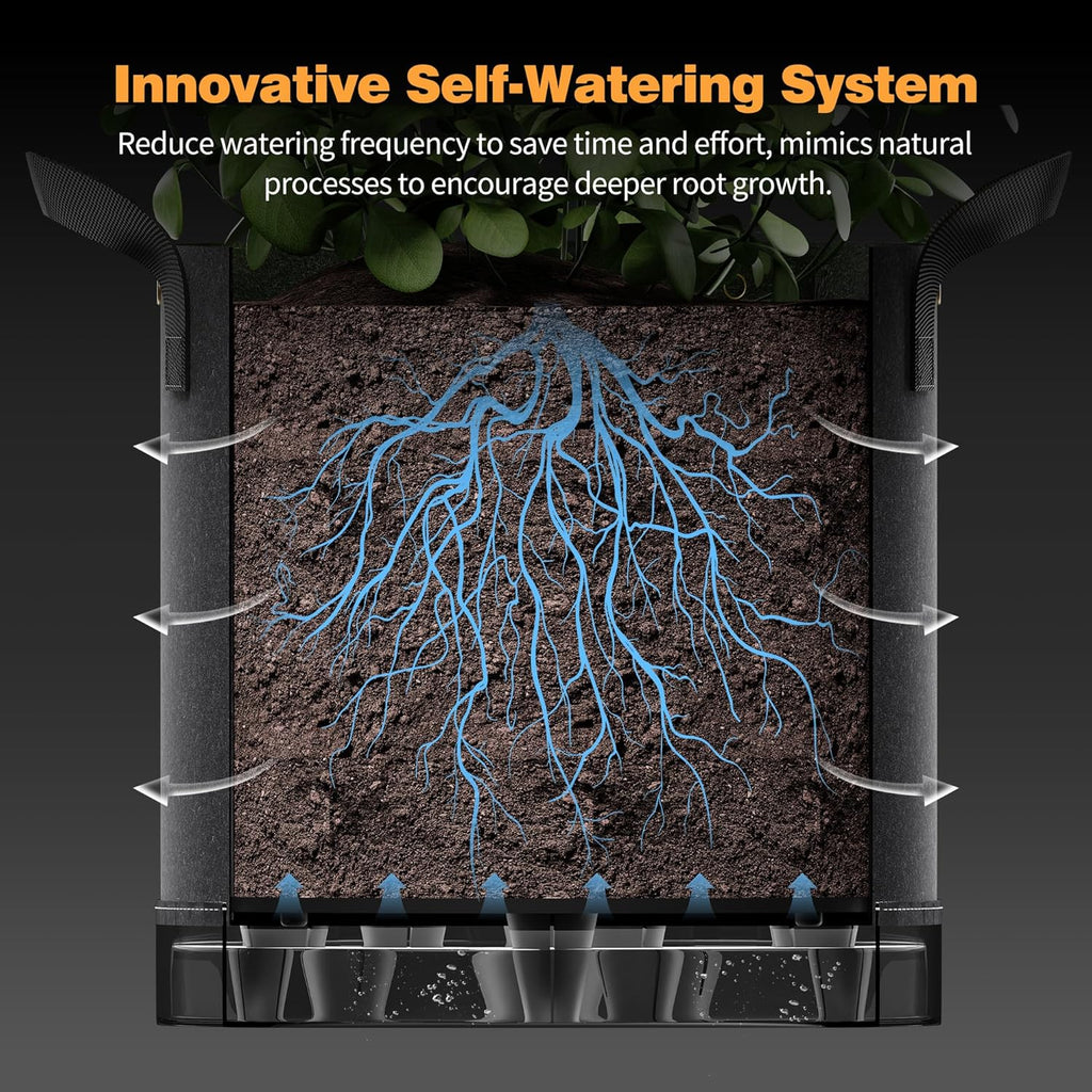 Self-Watering Grow Bags, 5-Pack 5 Gallon 420G Thick Nonwoven Fabric Pots with Reinforced Handles and Multi-Purpose Rings, for Low Stress Plant Training Fruits, Vegetables,and Flowers