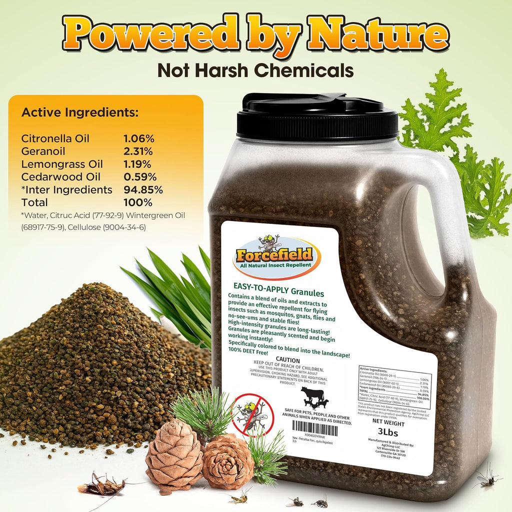 ForceField Natural Flea, Tick, Mosquito Yard Treatment - Repellent Granules for Backyard Mosquito Control | Pet Safe, DEET-Free Outdoor Control | Long-Lasting Barrier for Lawns, Patios, & Barns 3 LB