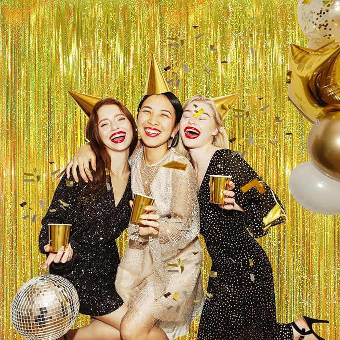 GOER 6.4 ft x 8.2 ft Metallic Tinsel Foil Fringe Curtains,Pack of 2 Party Streamer Backdrop for Birthday,Graduation Decorations and New Year Eve (Shiny Gold)