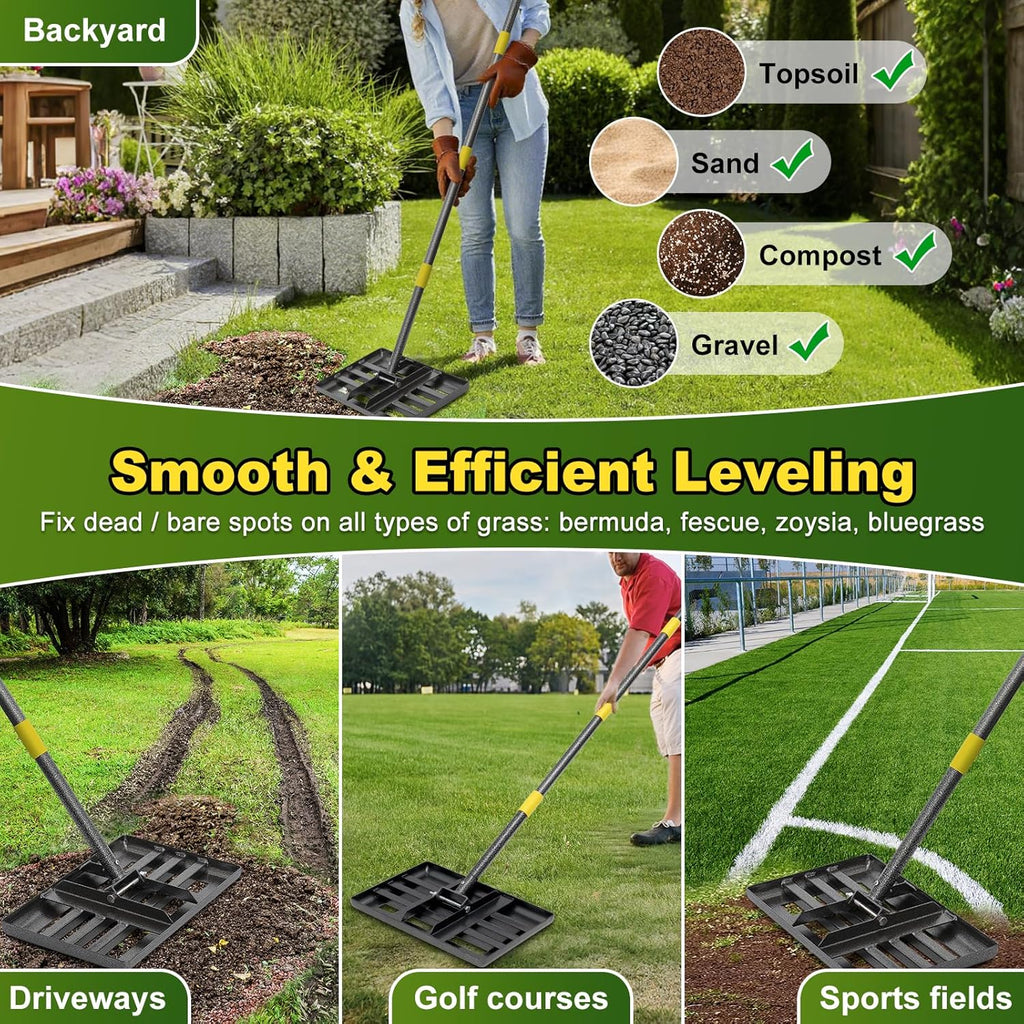 Lawn Leveling Rake, Heavy Duty 17" x 10" Stainless Steel Lawn Leveler for Soil Dirt Leveling Spreading,72" Adjustable Long Handle,Golf Field,Lawn,Tight Spot Landscaping Tool,Ground Leveler for Yard