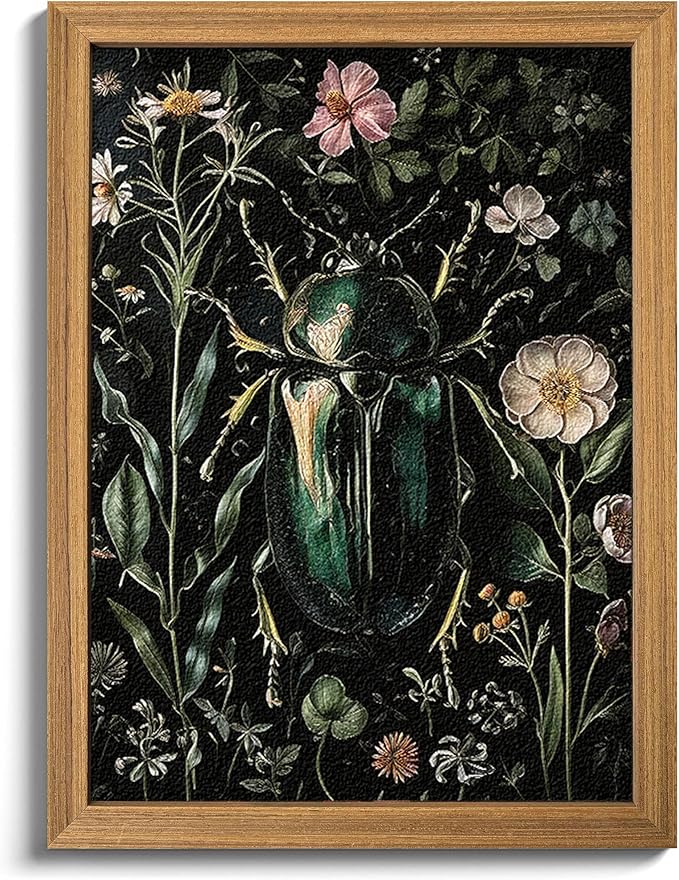 Framed Vintage 3D Textured Wall Art - Gothic Dark College Beetle Wall Decor - Hand Drawn Sandstone Nature Botanical Pictures for Living Room Bedroom Home Decor 24x36in