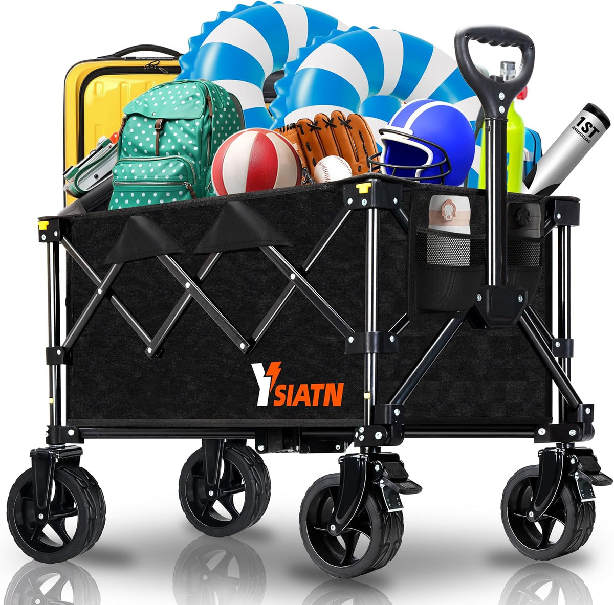 Collapsible Wagon Cart with Wheels Foldable, Folding Wagons Carts with All Terrain Wheels, Large Grocery Cart On Wheels, Heavy Duty Utility Wagon for Shopping Beach Sports Fishing Camping, 130L, Black