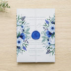 PONATIA 50 PCS Vellum Jackets for 5x7 Invitation Cards - 135GSM Royal Blue Flowers Vellum Sleeves, Transparent Gift Card Jackets