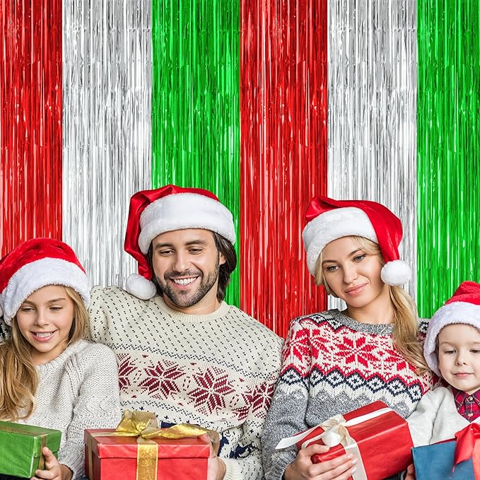 8 Pack Christmas Photo Backdrop, 3.28 FT x 7.05 FT Red Silver Green Party Streamer, Metallic Foil Fringe Curtains Tinsel Backdrop, Christmas Photo Booth Props Door Decor Party Supplies