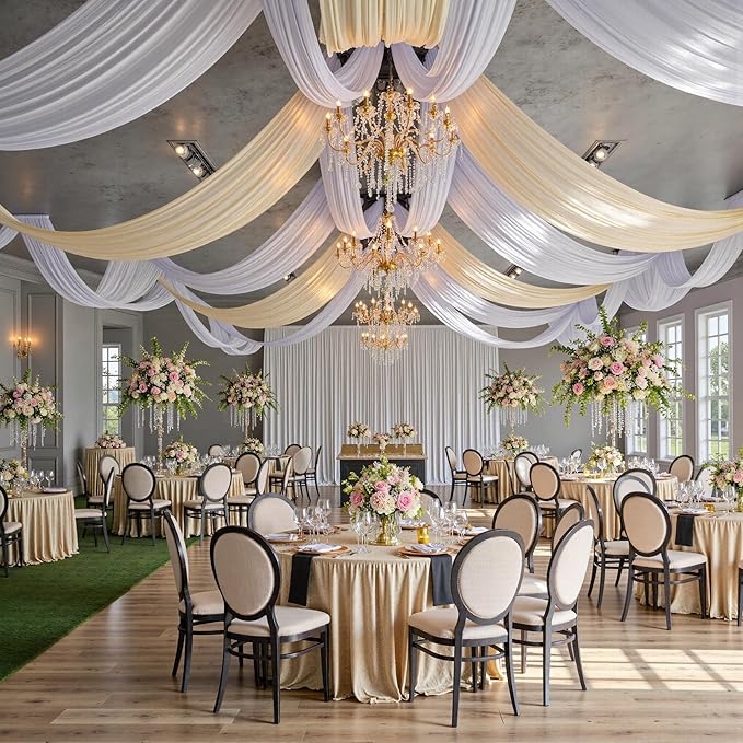 50ft x 15ft White Wrinkle Free Backdrop Curtains for Parties,Silky Polyester Fabric Wedding Ceiling Drapes, 10 Panels 15ft Photo Back Drop Drapes for Baby Shower Photography Stage Background Cloth