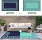 GENIMO Outdoor Rug Waterproof 5'x8' for Patio, Foldable Reversible Plastic Straw Carpet for Travel Trailers, Outside Area Mat for Rv, Deck, Picnic, Porch, Balcony, Beach, Navy Blue & Jade Green