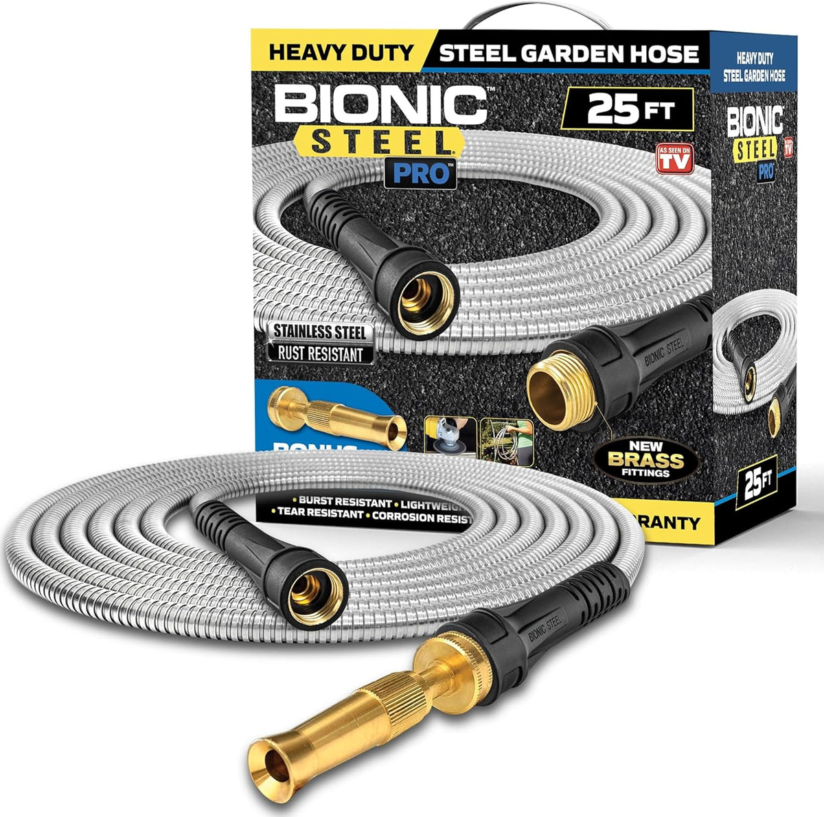 Bionic Steel Pro 25 FT Garden Hose with Nozzle, 304 Stainless Steel Metal Water Hose 25Ft, Flexible Hose, Kink Free, Lightweight and Durable, Crush Resistant Fitting, Easy to Coil, 500 PSI 2025 Model