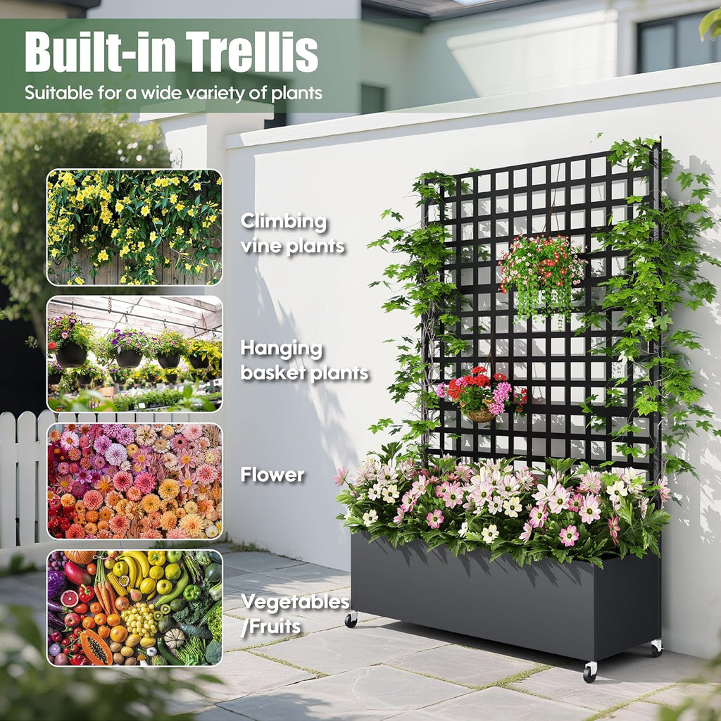 Metal Planter Box with Trellis Privacy Screen, Raised Garden Bed with Lattice Trellis & Wheels, Privacy Planters for Patio, Planter Box for Climbing Plants, Flower, 73"x 47"x 16", Black