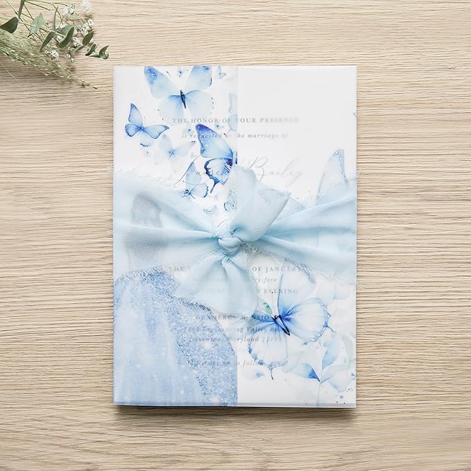 PONATIA 50 PCS Vellum Jackets for 5x7 Invitations - Vellum Paper 5x7 Jackets - 135GSM Blue Girl Butterfly Quinceanera Invitations Wraps - Transparent Cards