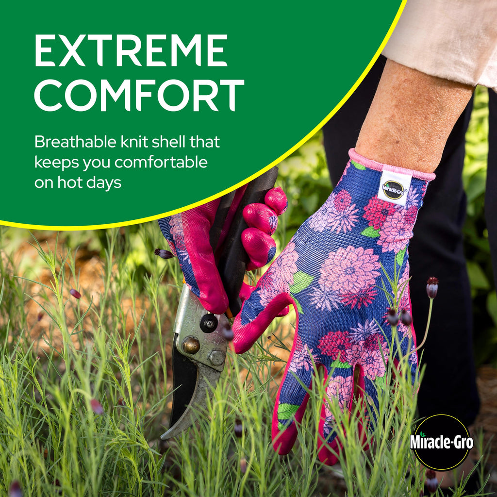 Miracle-Gro Women's Nitrile Coated Grip Floral Pattern Gardening Work Gloves, Extreme Comfort, Excellent Grip, Water Resistant, Pink/Purple, Small, (MG37126/WSM)
