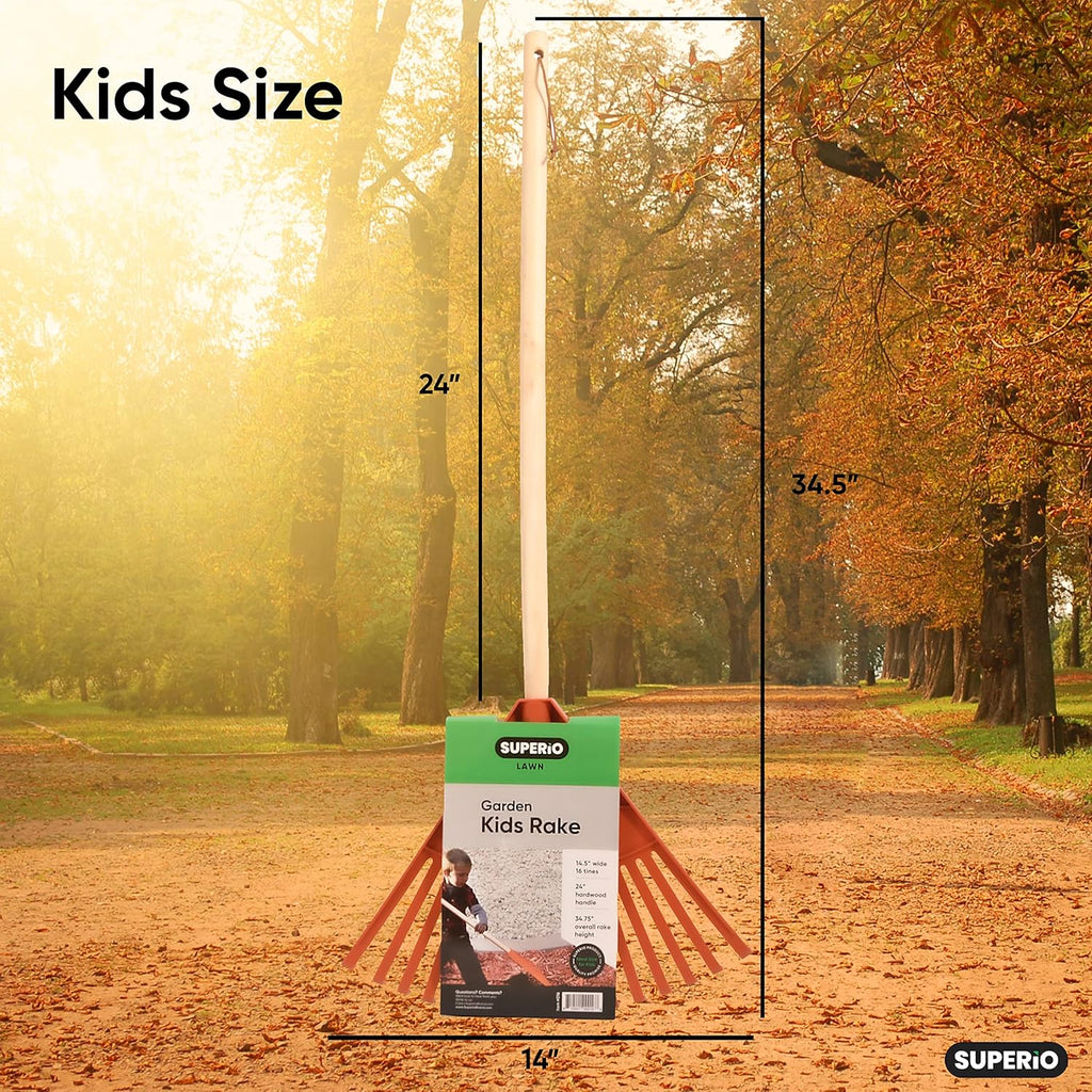 Kids Rake with Hardwood Handle, Durable Plastic Head to Sweep Leaves in Lawn and Tidying Up The Garden, 34" (Orange), 6 Pack