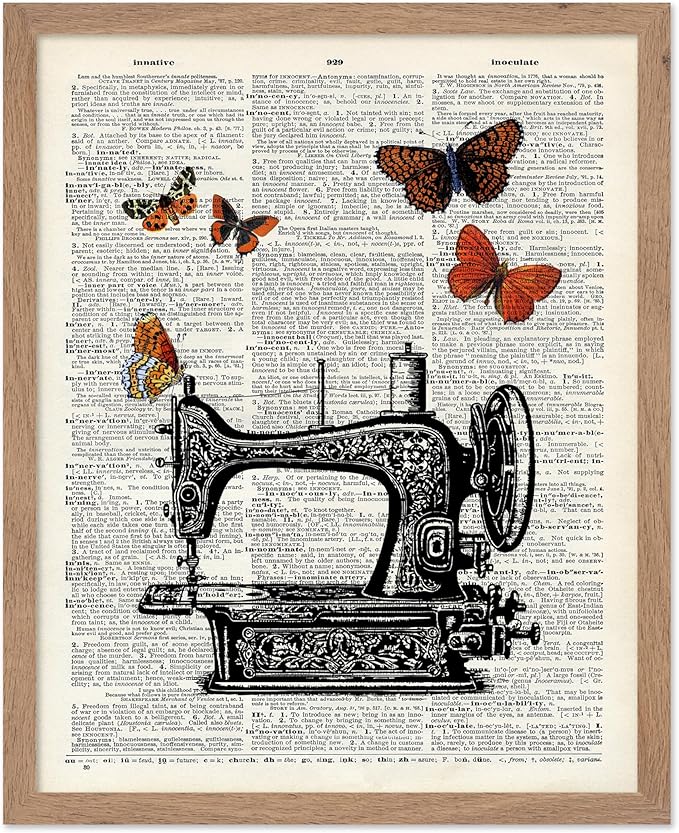 Poster Master Dictionary Art Poster - Sewing Machine Print - Sewing Art - Butterfly Art - Gift for Men, Women & Dressmaker - Chic Decor for Living Room, Bedroom or Office, 8x10 Beige Framed