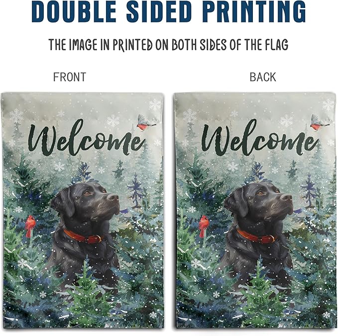 Welcome Winter Garden Flags Black Lab Garden Flag Cardinal Birds on Snowy Pine Tree Flag Labrador Dog Yard Flags for Outside 12x18 Double Sided Christmas Decorative Lawn Flags