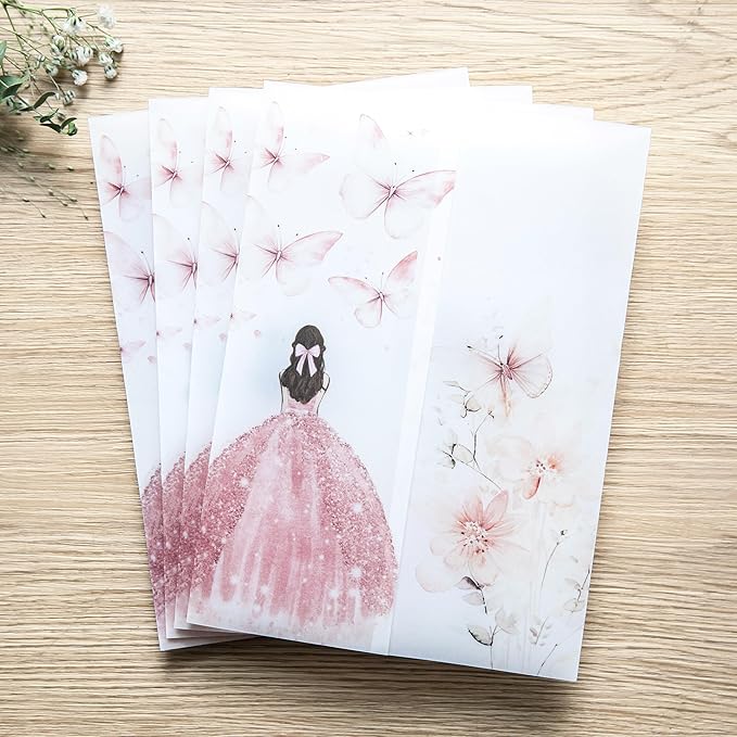 PONATIA 50 PCS Vellum Jackets for 5x7 Invitations - 135GSM Pink Girl Vellum Jacket Sleeves - Butterfly Quinceanera Invitations Wraps for XV Anos
