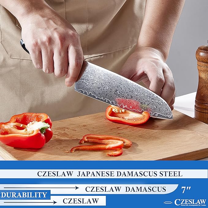 Chef's Knife, 7” Japanese Damascus Chefs Knife, Classic Light Kitchen Knife, Hand Forged Black Japanese chef knife, Professional Sharp Cooking Knife, Full Tang & Ergonomic ABS Handle Design