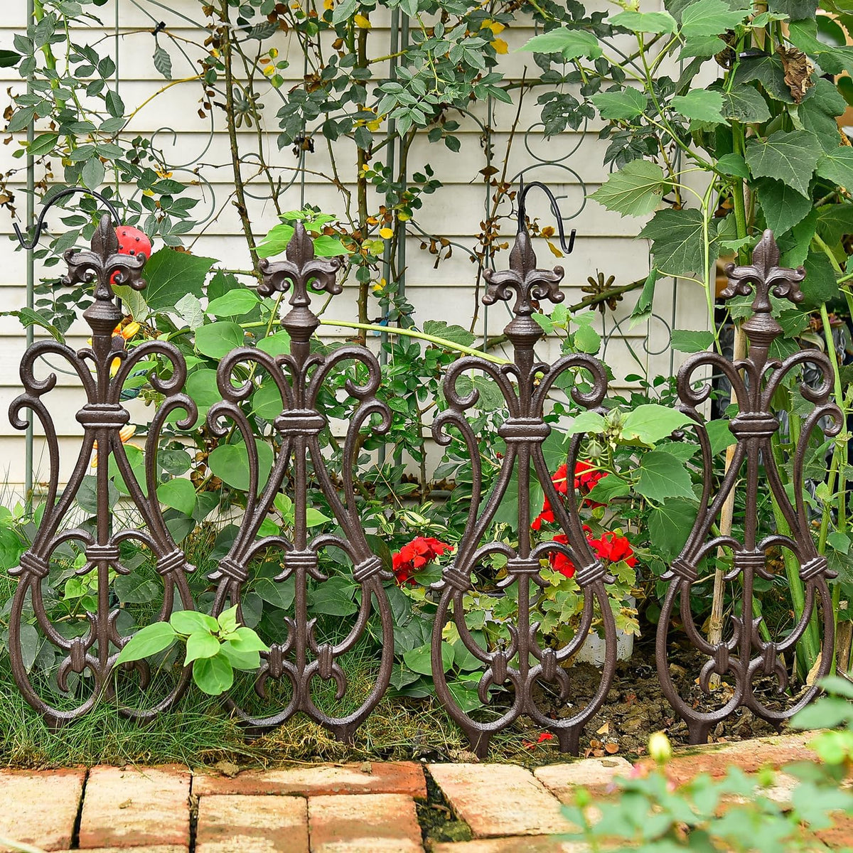 Sungmor Decorative Cast Iron Flower Bed Fence, 28" Tall Vintage Garden Edging Border, 4 Pack Heavy Duty Landscape Picket Fence Panels, Outdoor Plant Support Garden Stake, Victorian Yard Lawn Decor