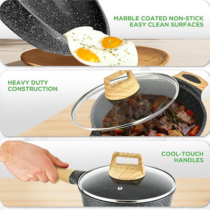 NutriChef 22-Piece Black Marble Non-Stick Cookware and Bakeware Set - Professional Home Kitchen Collection with Multi-Sized Pots, Pans, and Heat-Resistant Tools