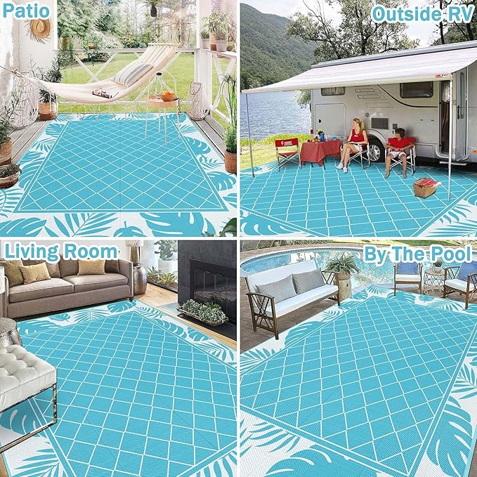 Ileading Outdoor Rug Carpet for Patio 8' x10' Waterproof Reversible Plastic Straw Rug Portable Outside Area Rug Camping Mat for Patio, Clearance, Balcony, Picnic, Pool, Beach, RV, Deck, Teal
