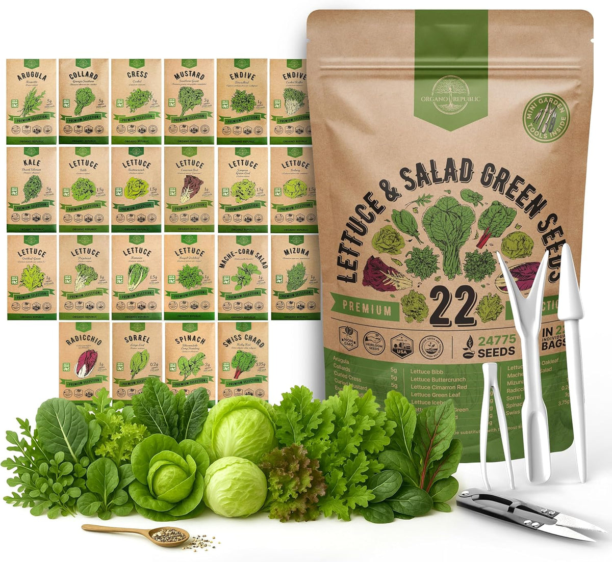 Organo Republic 22 Lettuce & Salad Greens Seeds Variety Pack 24,700+ Non-GMO Heirloom Lettuce Seeds for Indoor & Outdoor Garden, Hydroponics, Aerogarden - Arugula, Kale, Spinach, Swiss Chard, Lettuce