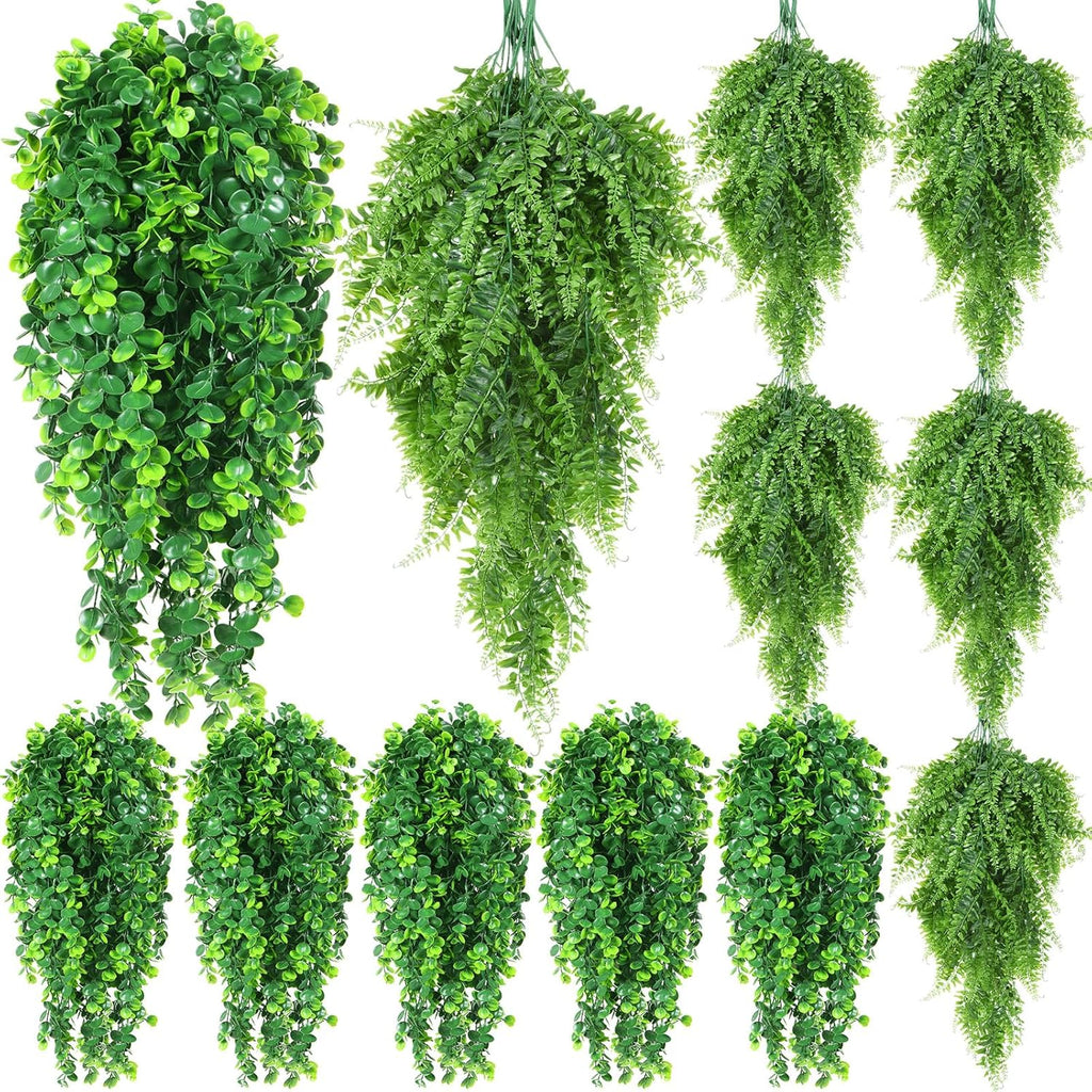 Hoteam 12 Pcs Artificial Hanging Plants 32 Inch Fake Ivy Vines with Fake Leaves Patio Artificial Plants Greenery for Living Room Indoor Outdoor Wall, No Basket (Eucalyptus,Persian Grass)
