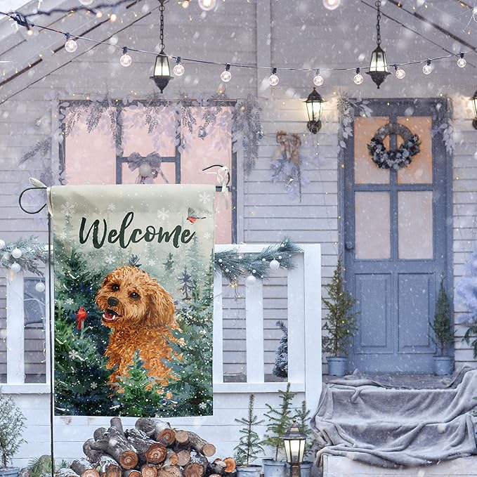 Welcome Winter Garden Flags Golden Doodle Garden Flag Cardinal Birds on Snowy Pine Tree Flag Dog Yard Flags for Outside 12x18 Double Sided Christmas Decorative Lawn Flags