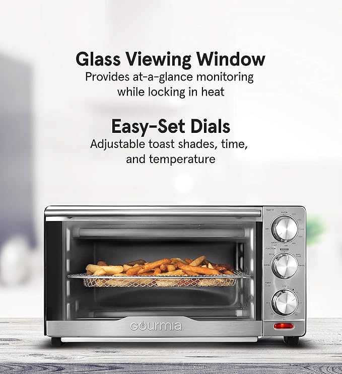 Gourmia GTF7350 6-in-1 Multi-function, Stainless Steel Air Fryer Oven - 6 Cooking Functions - Fry Basket, Oven Rack, Baking Pan & Crumb Tray, Included + Recipe Book