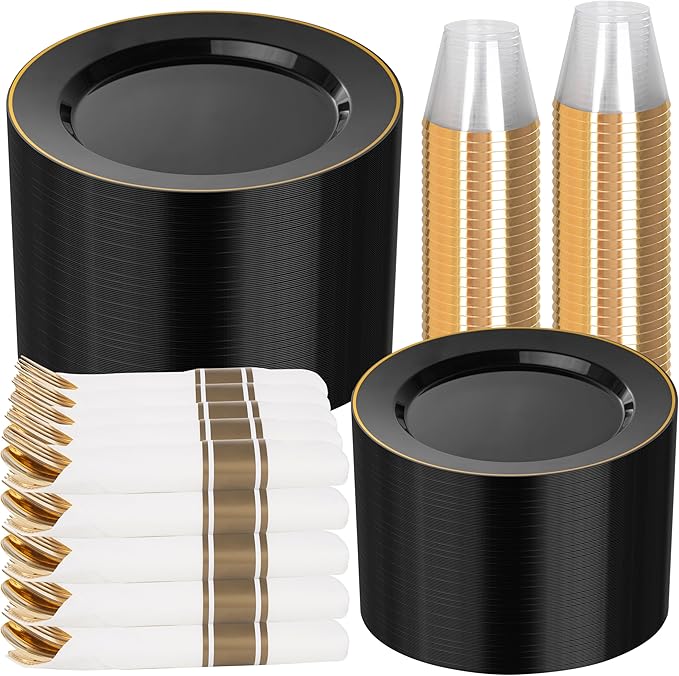 SUT 350 Pcs Black and Gold Plastic Dinnerware Set for 50 Guests, Include: 50 Dinner Plates, 50 Dessert Plates, 50 Pre Rolled Napkins With Silverware, 50 Cups, Disposable Plates for Halloween, Party