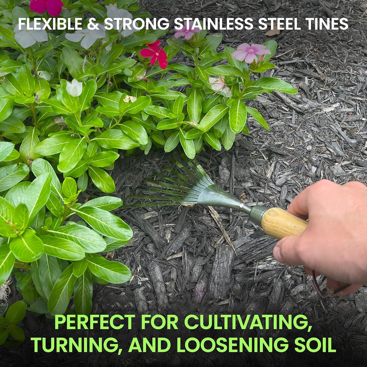 Garden Guru Eco Hand Rake Soil Tiller- 100% Recycled Stainless Steel - Rust Resistant - FSC Certified Wood Ergonomic Handle - Great for Gardening, Cultivating, Loosening Soil & Spreading Mulch