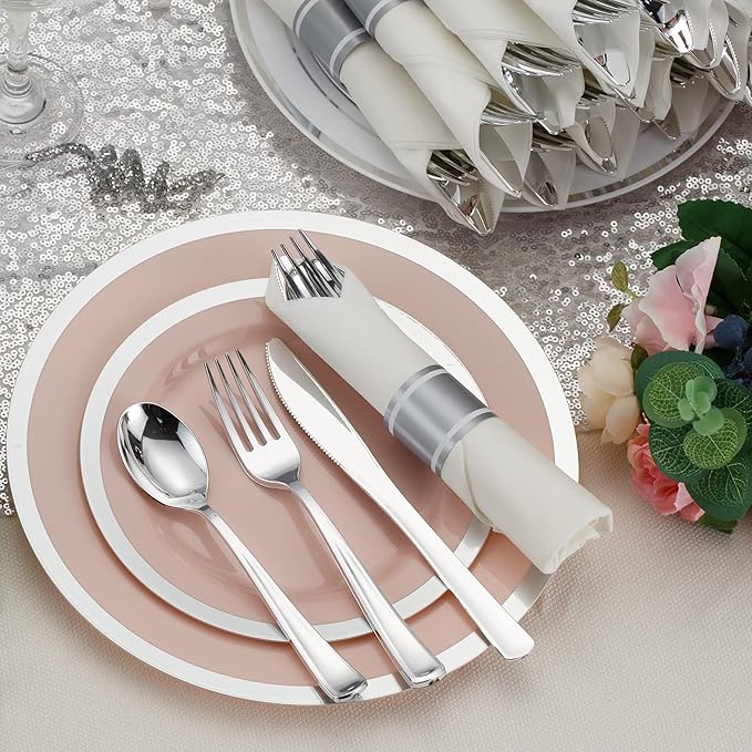 50 Pack Pre Rolled Silver Plastic Silverware Set, Disposable Wrapped Plastic Cutlery Set (50 Forks, 50 Knives, 50 Spoons, 50 Napkins) for Wedding Party