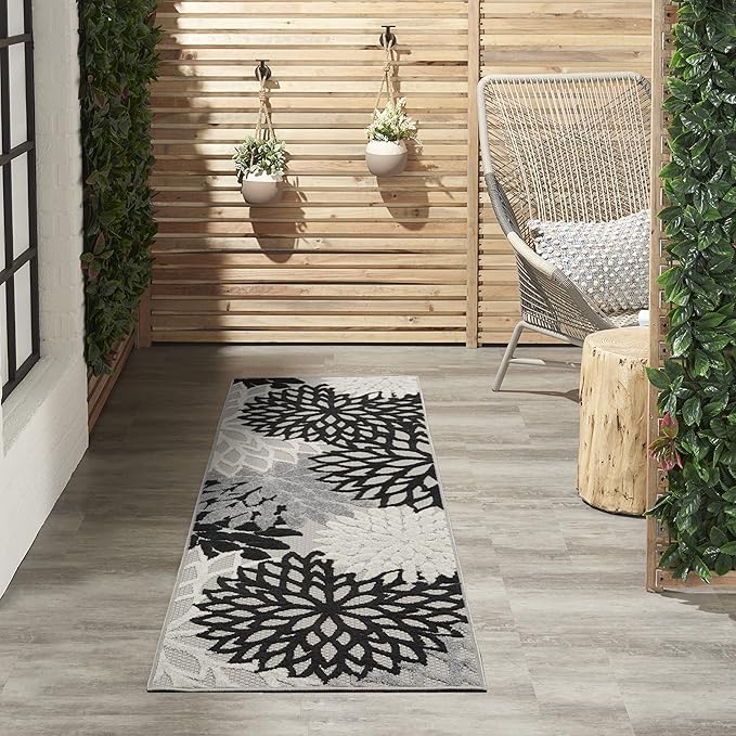 Nourison Home Aloha 6' Runner Black White Fabric Tropical Area Rug (6' Runner)
