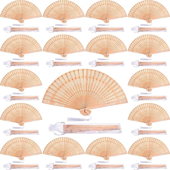 Qunclay 60Pcs Wooden Hand Fans Folding Wedding Fans for Guest Chinese Hollow Pattern with White Tassel and Gift Bag for Wedding Bridal Shower Birthday Party Favors Gift and Home Decor(Delicate Style)