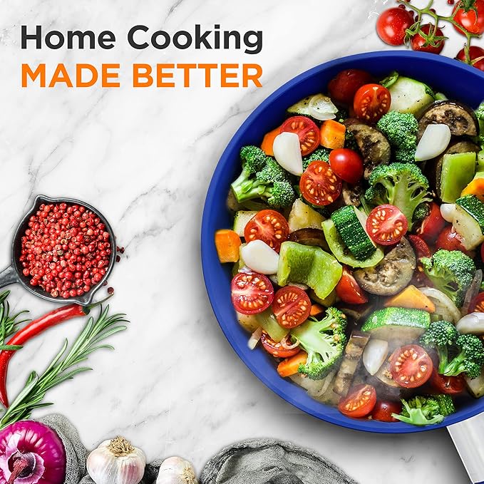 NutriChef 12" Fry Pan With Lid - Large Skillet Nonstick Frying Pan with Silicone Handle, Ceramic Coating, Blue Silicone Handle, Stain-Resistant, Easy To Clean, Professional Home Cookware