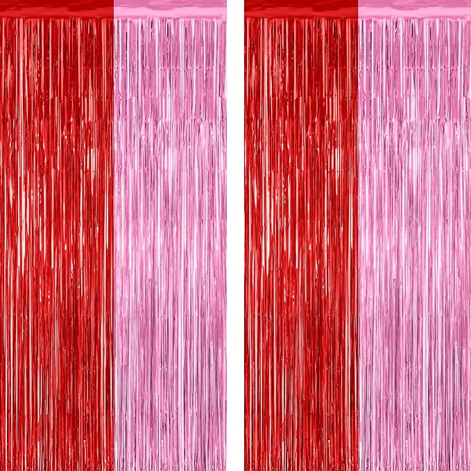 2 Pack Backdrop Curtains, 3.28 Feet x 7.05 Feet Red Pink Backdrop, Metallic Fringe Curtains Tinsel Backdrop Party Streamer, Babie Backdrop Happy Birthday Party Supplies Decorations