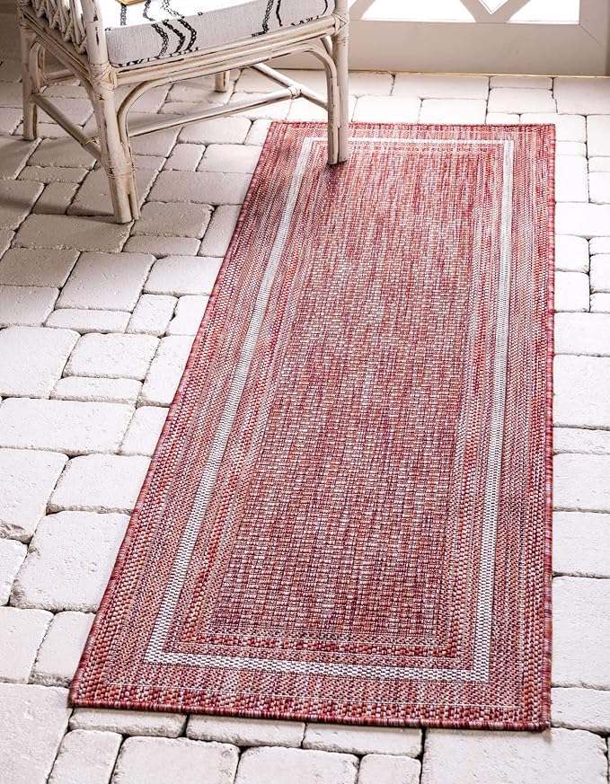 Unique Loom Outdoor Border Collection Area Rug - Soft Border (2' x 8' Runner, Rust Red/ Ivory)