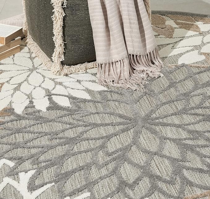 Nourison Aloha Indoor/Outdoor Area Rug 4', Natural, Round Tropical Botanical Easy -Cleaning Non Shedding Bed Room Living Room Dining Room Deck Backyard Patio