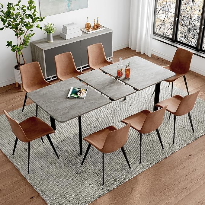 63"- 78.7" Extendable Dining Table Set for 8, Modern Kitchen Table with 8 PU Leather Chairs, Thickened Expandable MDF Wooden Table with Metal Legs for Dining Room, Kitchen, Office