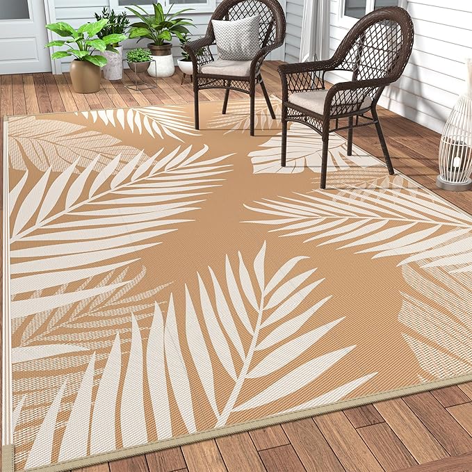 GENIMO Outdoor Rug 8' x 10' Waterproof for Patios Clearance, Reversible Outdoor Plastic Straw Camping Rug Carpet, Large Area Rugs Mats for RV, Camper, Deck, Balcony, Porch, Beach, Picnic, Brown&Beige