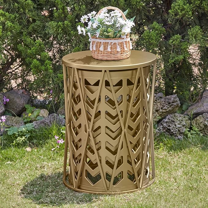 Y&M Nesting Side Table, Set of 3 Stacking Coffee Tables for Living Room End Tables, Outdoor Decorative Garden Stool with Heavy Duty Modern Industrial Decor - Gold (Ship from US)
