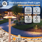 Low Voltage Landscape Lighting Brass, 12v Pathway Lights Waterproof, Hard Wired Path Light Outdoor, Mushroom Copper for Exterior Area Patio House with 3W 270LM 3000K G4 Bulb (6 Pack)
