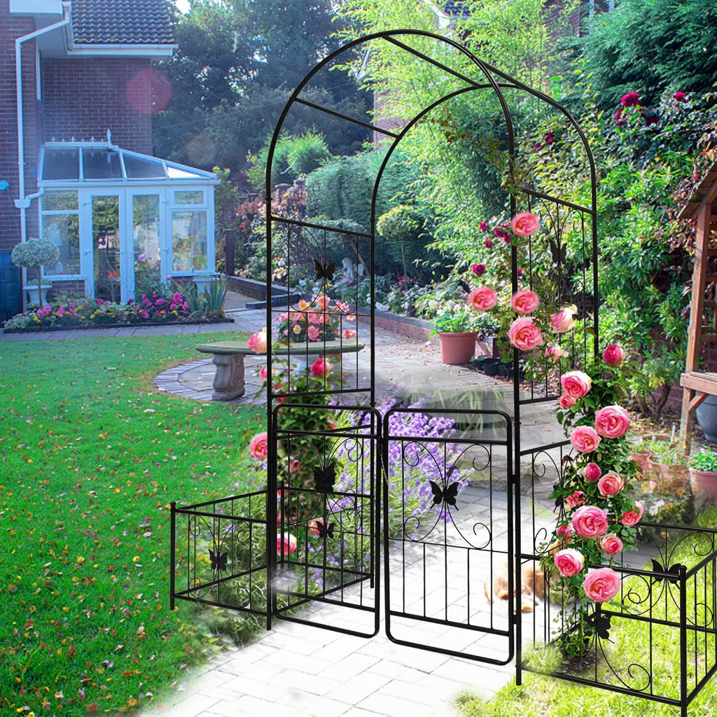 Metal Garden Arch with Gate and 2 Plant Stands, Garden Arch Trellis for Climbing Plants Outdoor, Garden Arbor for Weddings Party Events Decoration, 79.5" L X 20" W X 86.6" H, Black