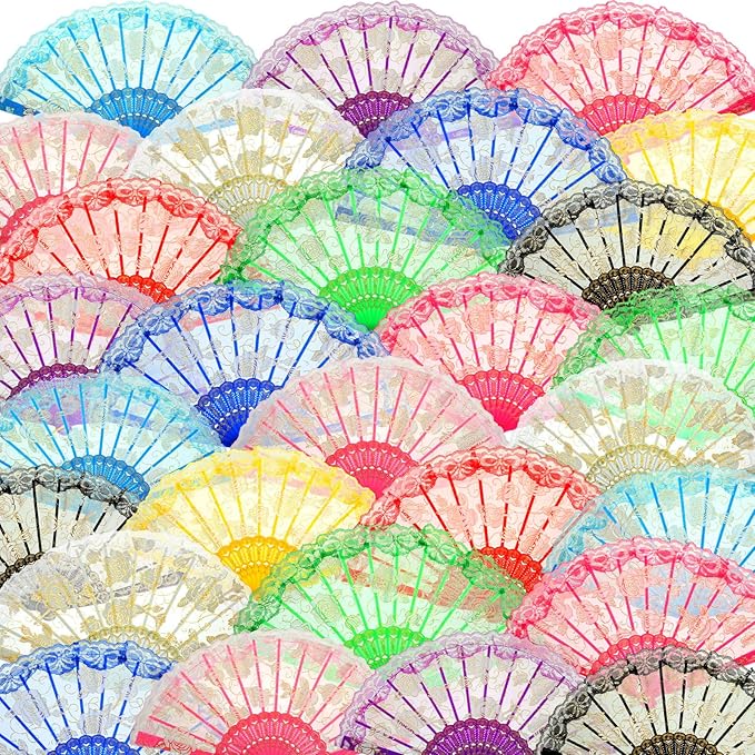 Geetery 30 Pcs Folding Hand Fan for Line Dancing Spanish Boots on the Ground Fans Gifts Bulk Colorful Silk Popping Rave for Women Tea Party Wedding Church Halloween Costume(Lace,Mixed Colors)